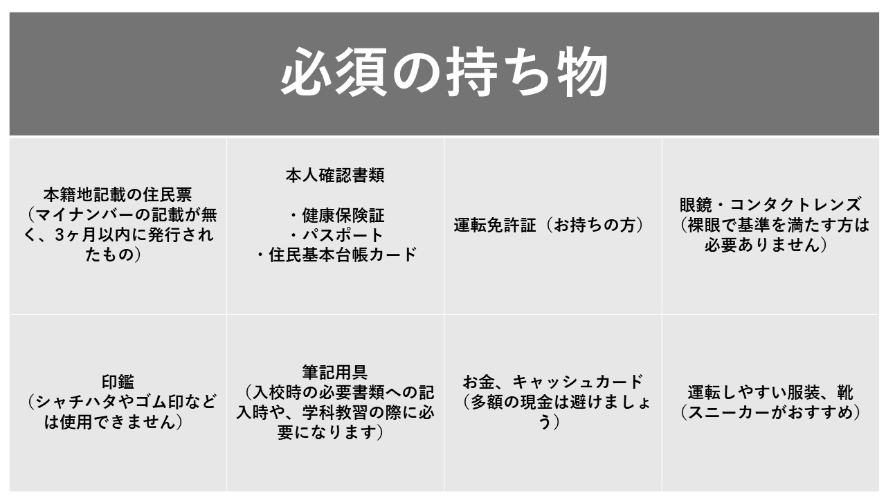 免許合宿に行く際に必須の持ち物をまとめた表です。