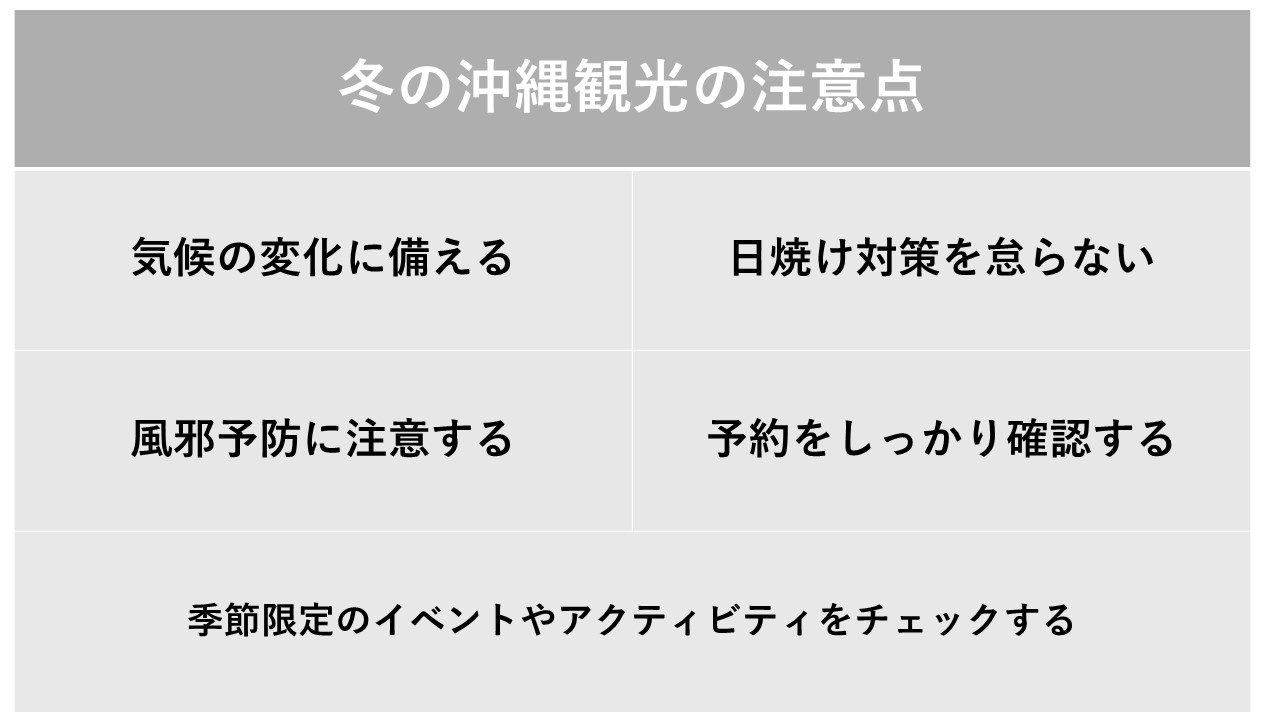 冬の沖縄観光の注意点を表した表です。
