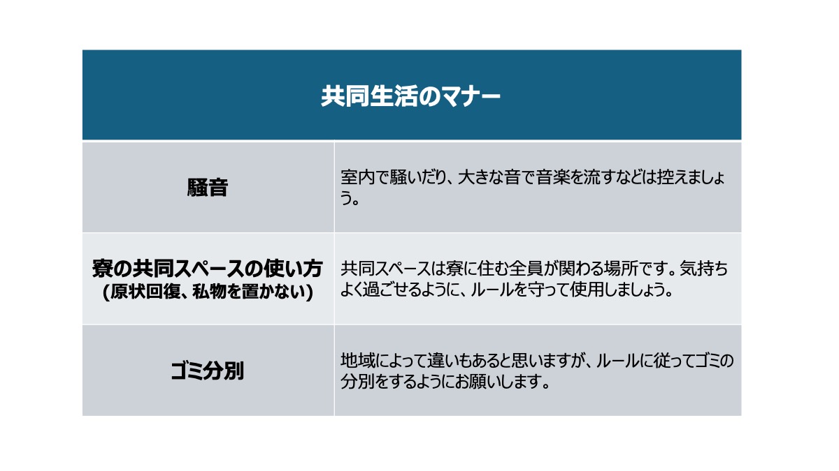 この他にも、周囲の人たちが気持ちよく過ごせるように心がけて生活をしましょう。